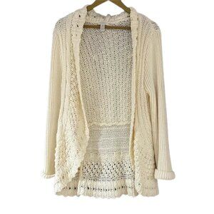 Chico’s Cream Open-Knit Crochet Cardigan – Boho Draped Sweater